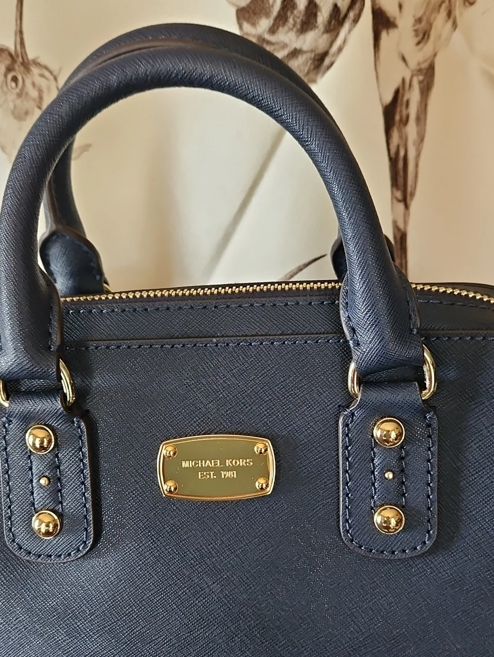 MICHAEL KORS Navy Saffiano Leather Satchel/Crossbody Bag with Gold Hardware